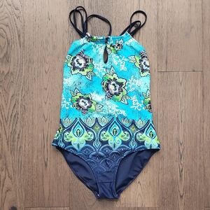 Elegant Floral One-Piece Swimsuit in Blue and Green